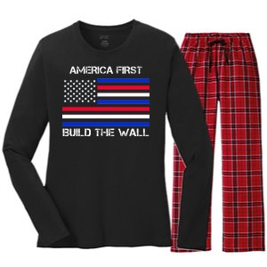 America First Build The Wall Flag Women's Long Sleeve Flannel Pajama Set 