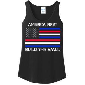 America First Build The Wall Flag Ladies Essential Tank