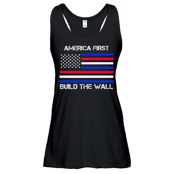 America First Build The Wall Flag Ladies Essential Flowy Tank