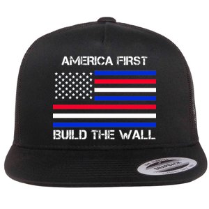 America First Build The Wall Flag Flat Bill Trucker Hat