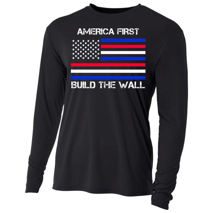 America First Build The Wall Flag Cooling Performance Long Sleeve Crew