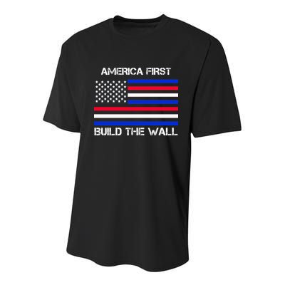 America First Build The Wall Flag Youth Performance Sprint T-Shirt