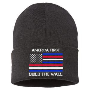 America First Build The Wall Flag Sustainable Knit Beanie