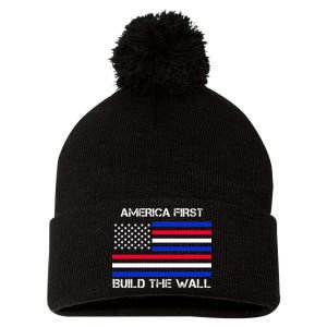 America First Build The Wall Flag Pom Pom 12in Knit Beanie