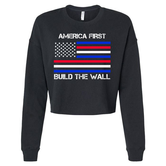 America First Build The Wall Flag Cropped Pullover Crew