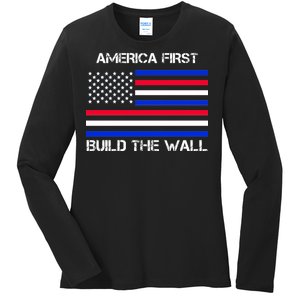 America First Build The Wall Flag Ladies Long Sleeve Shirt