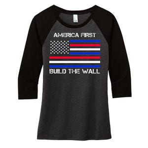 America First Build The Wall Flag Women's Tri-Blend 3/4-Sleeve Raglan Shirt