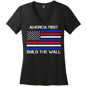 America First Build The Wall Flag Women's V-Neck T-Shirt