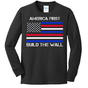 America First Build The Wall Flag Kids Long Sleeve Shirt