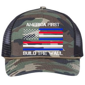 America First Build The Wall Flag Retro Rope Trucker Hat Cap