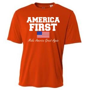 America First Make America Great Again Donald Trump USA Flag Cooling Performance Crew T-Shirt