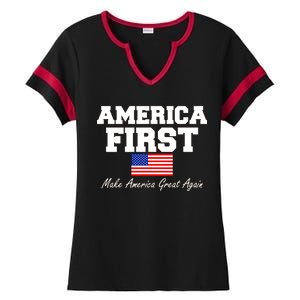 America First Make America Great Again Donald Trump USA Flag Ladies Halftime Notch Neck Tee