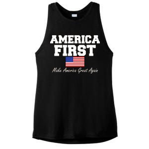 America First Make America Great Again Donald Trump USA Flag Ladies PosiCharge Tri-Blend Wicking Tank