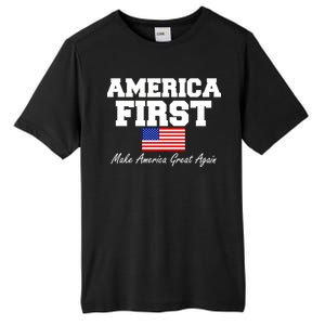 America First Make America Great Again Donald Trump USA Flag Tall Fusion ChromaSoft Performance T-Shirt