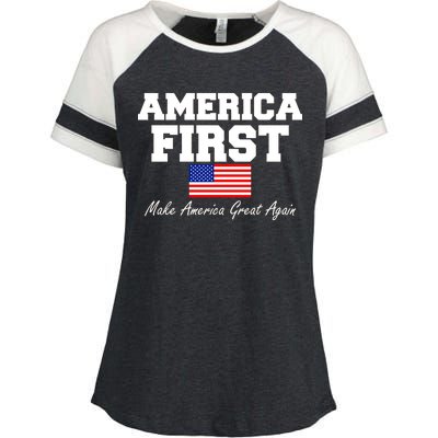 America First Make America Great Again Donald Trump USA Flag Enza Ladies Jersey Colorblock Tee