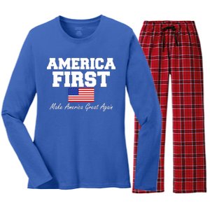 America First Make America Great Again Donald Trump USA Flag Women's Long Sleeve Flannel Pajama Set 