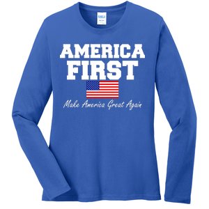 America First Make America Great Again Donald Trump USA Flag Ladies Long Sleeve Shirt