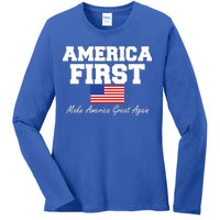 America First Make America Great Again Donald Trump USA Flag Ladies Long Sleeve Shirt