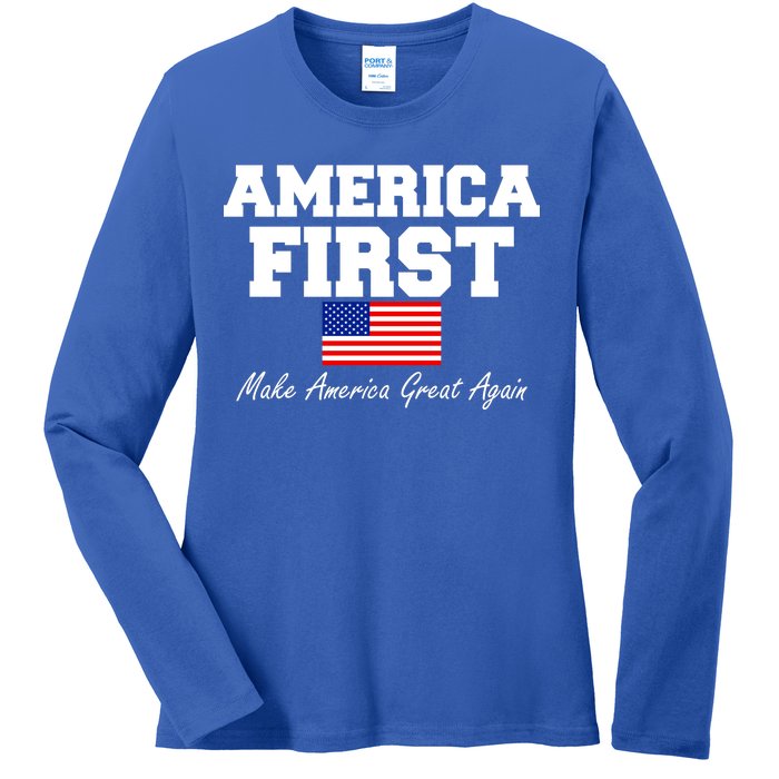 America First Make America Great Again Donald Trump USA Flag Ladies Long Sleeve Shirt