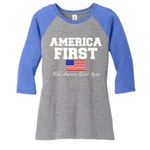 America First Make America Great Again Donald Trump USA Flag Women's Tri-Blend 3/4-Sleeve Raglan Shirt