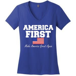 America First Make America Great Again Donald Trump USA Flag Women's V-Neck T-Shirt