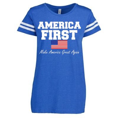 America First Make America Great Again Donald Trump USA Flag Enza Ladies Jersey Football T-Shirt