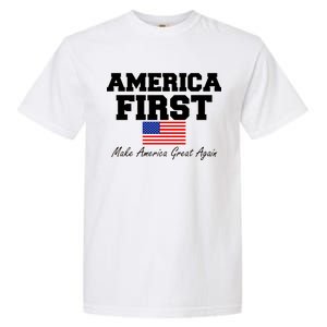 America First Make America Great Again Donald Trump USA Flag Garment-Dyed Heavyweight T-Shirt