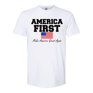 America First Make America Great Again Donald Trump USA Flag Softstyle CVC T-Shirt