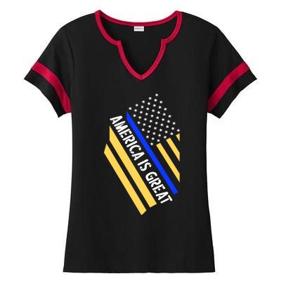 America Is Great Thin Blue Line Flag Ladies Halftime Notch Neck Tee