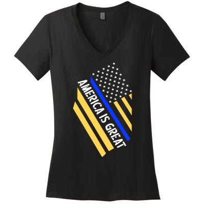 America Is Great Thin Blue Line Flag Women's V-Neck T-Shirt