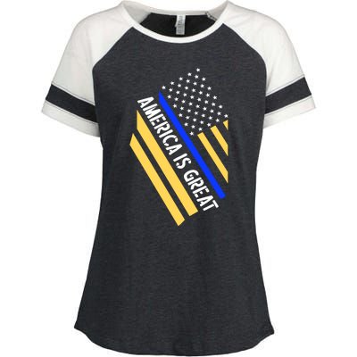 America Is Great Thin Blue Line Flag Enza Ladies Jersey Colorblock Tee