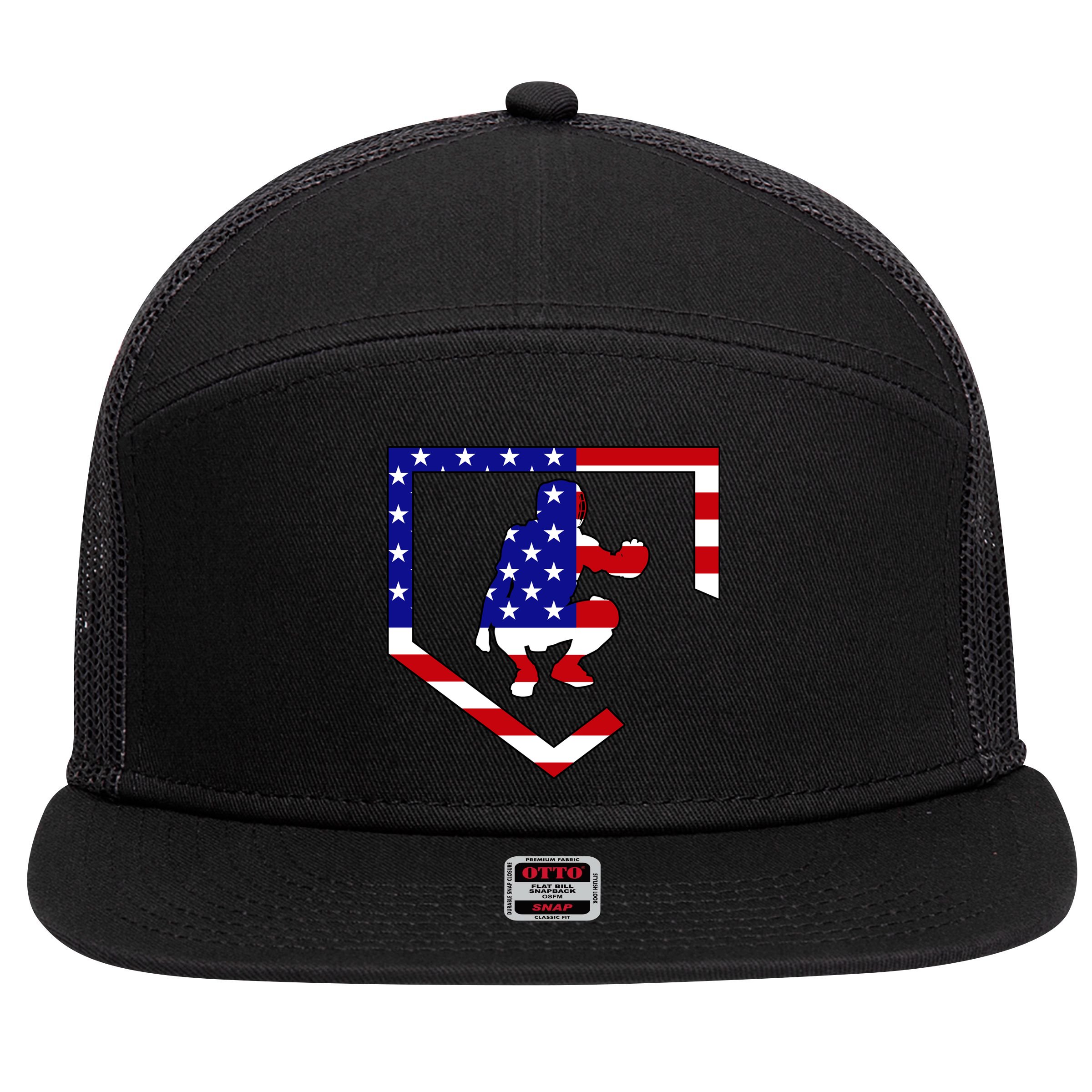American Baseball Catcher Flag 7 Panel Mesh Trucker Snapback Hat