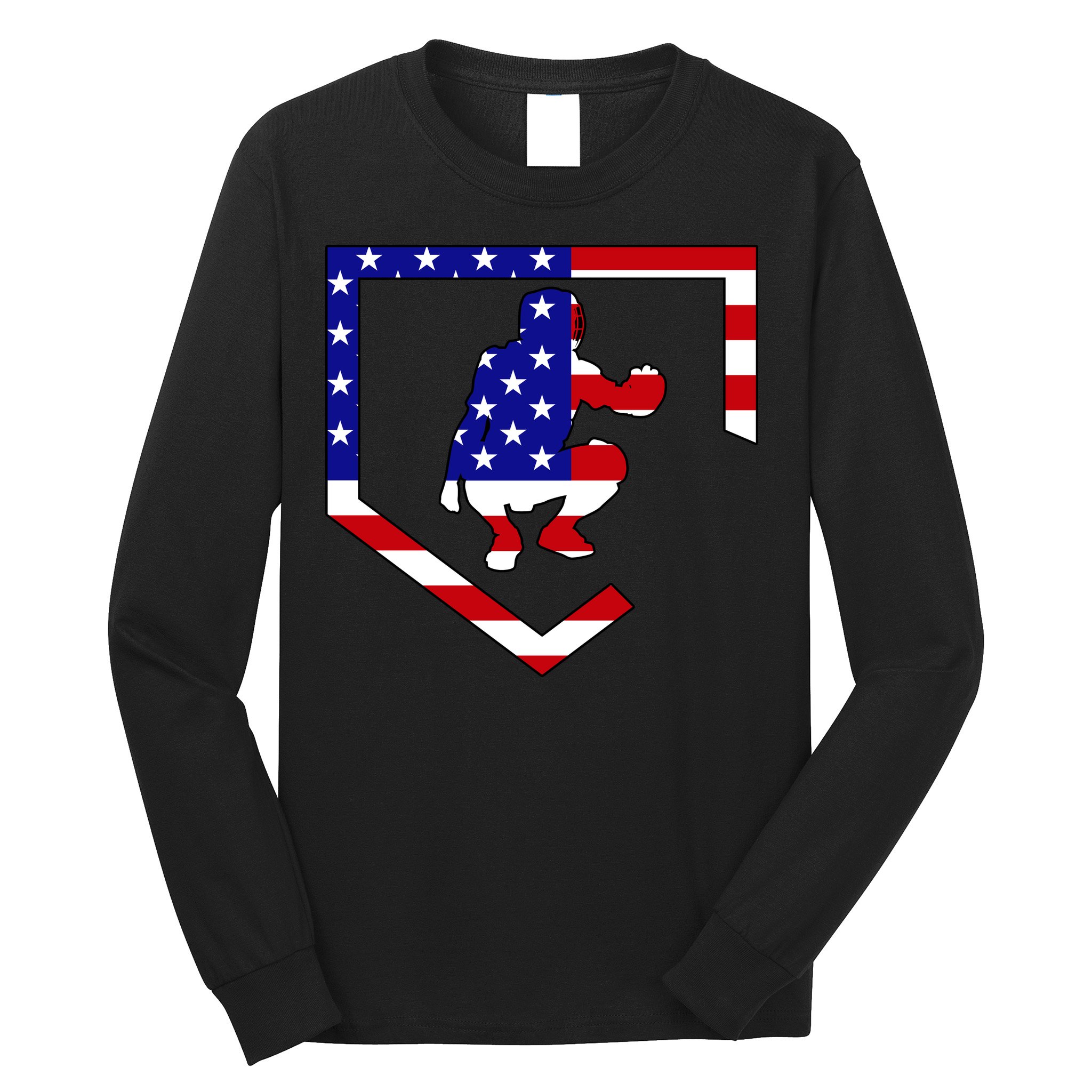 American Baseball Catcher Flag Long Sleeve Shirt