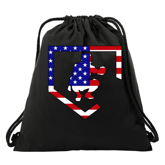 American Baseball Catcher Flag Drawstring Bag