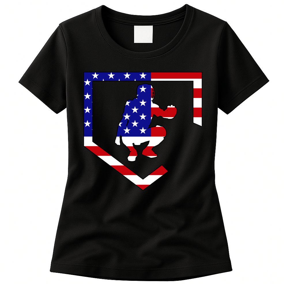 American Baseball Catcher Flag Womens T-Shirt