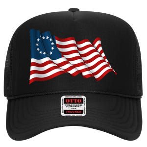 American Betsy Ross Waving Flag High Crown Mesh Back Trucker Hat