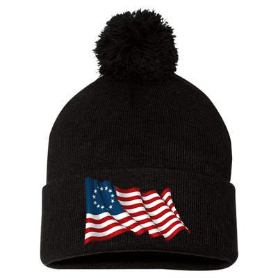 American Betsy Ross Waving Flag Pom Pom 12in Knit Beanie