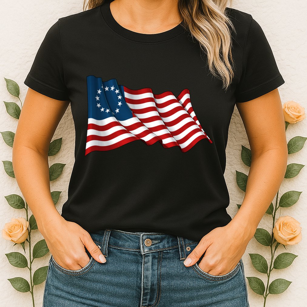 American Betsy Ross Waving Flag Womens T-Shirt