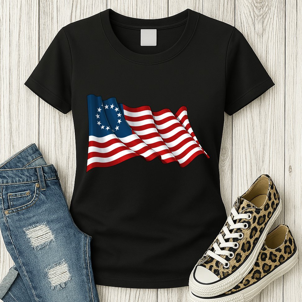 American Betsy Ross Waving Flag Womens T-Shirt