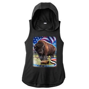 American Bison USA Flag Buffalo Ladies PosiCharge Tri-Blend Wicking Draft Hoodie Tank