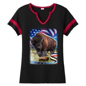 American Bison USA Flag Buffalo Ladies Halftime Notch Neck Tee