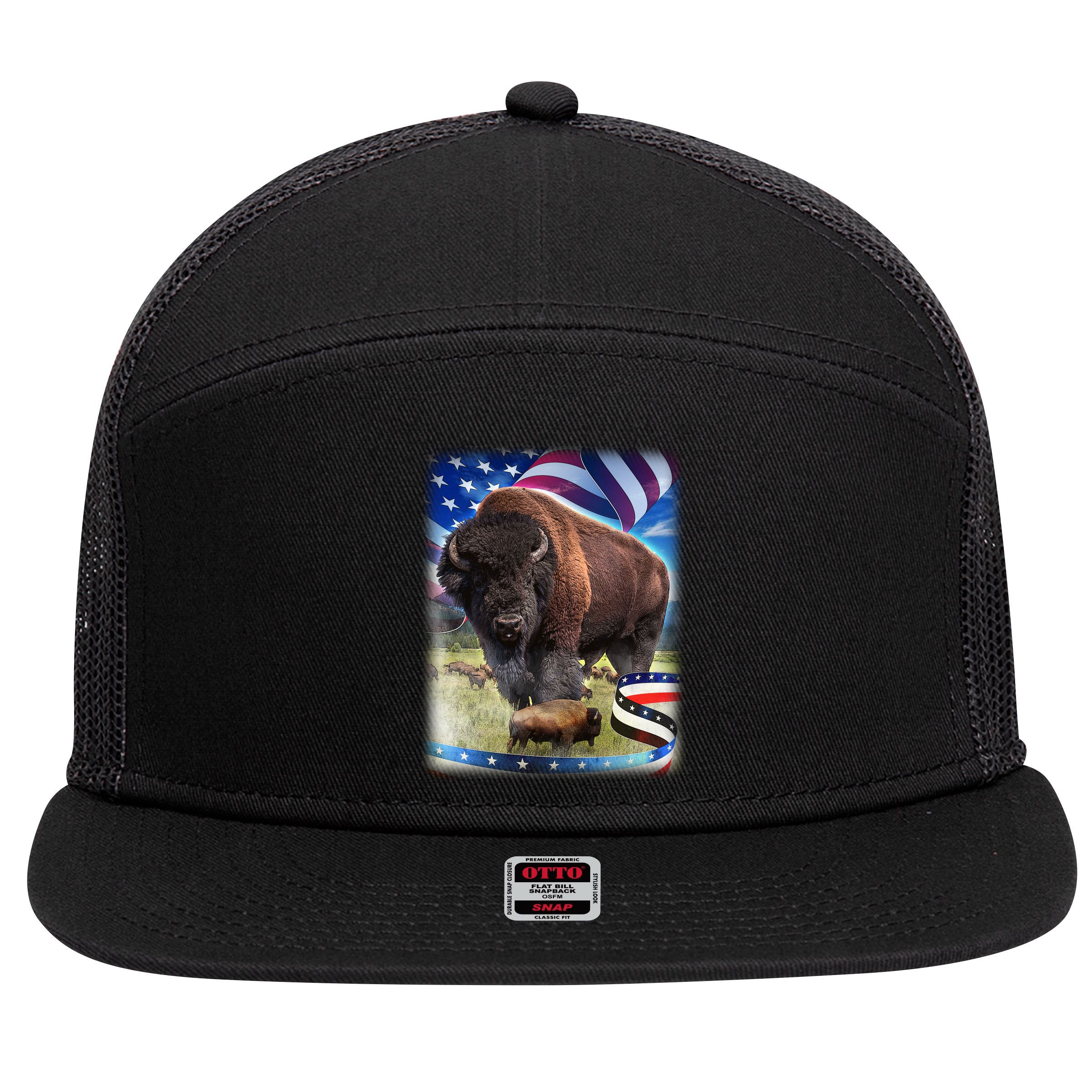American Bison USA Flag Buffalo 7 Panel Mesh Trucker Snapback Hat