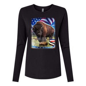 American Bison USA Flag Buffalo Womens Cotton Relaxed Long Sleeve T-Shirt