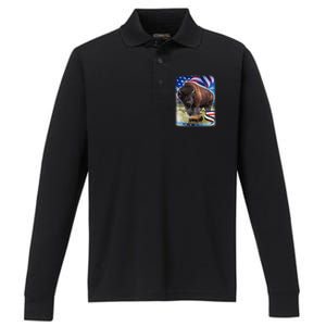 American Bison USA Flag Buffalo Performance Long Sleeve Polo