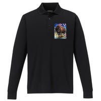 American Bison USA Flag Buffalo Performance Long Sleeve Polo