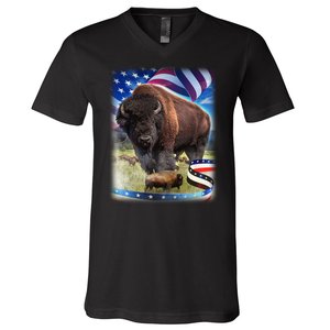 American Bison USA Flag Buffalo V-Neck T-Shirt