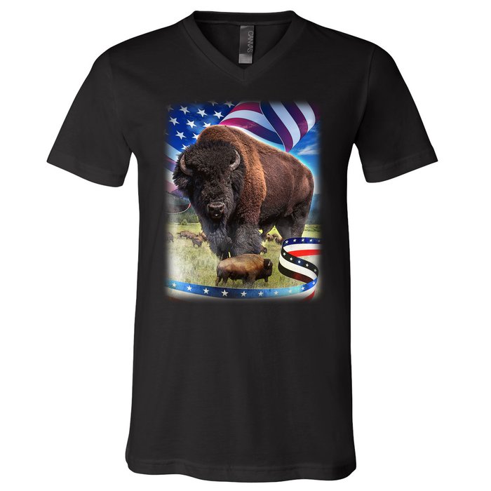 American Bison USA Flag Buffalo V-Neck T-Shirt