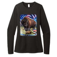 American Bison USA Flag Buffalo Womens CVC Long Sleeve Shirt