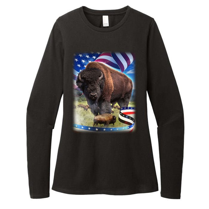 American Bison USA Flag Buffalo Womens CVC Long Sleeve Shirt