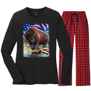 American Bison USA Flag Buffalo Women's Long Sleeve Flannel Pajama Set 